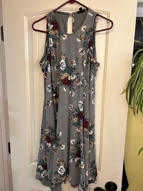 torrid Gray Floral Midi Swing Dress with Burgundy Accents